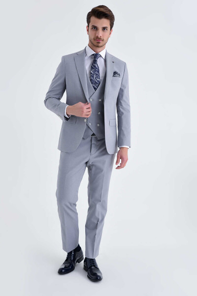 Yelekli Slim Fit Gri Takım Elbise - 1