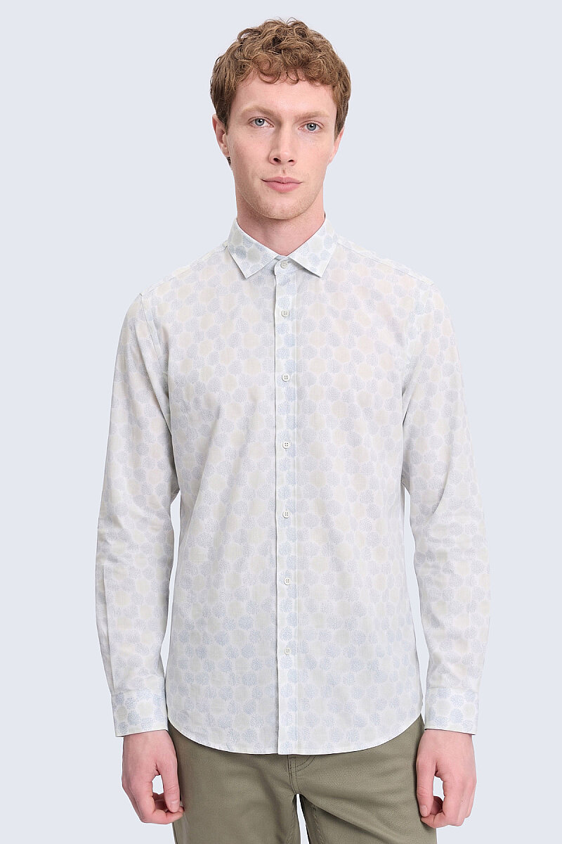 Yeşil Slim Fit Baskılı 100% Pamuk Uzun Kol Gömlek