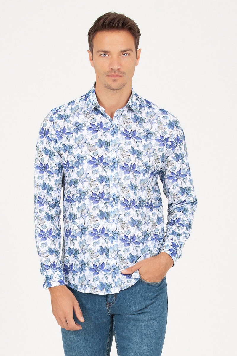 Yeşil Slim Fit Baskılı 100% Pamuk Uzun Kol Spor Gömlek - Hatemoğlu