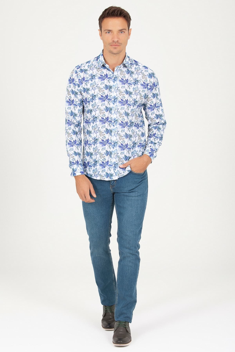 Yeşil Slim Fit Baskılı 100% Pamuk Uzun Kol Spor Gömlek - Hatemoğlu (1)