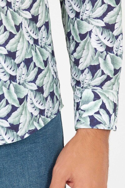 Yeşil Slim Fit Baskılı 100% Pamuk Uzun Kol Spor Gömlek - 5