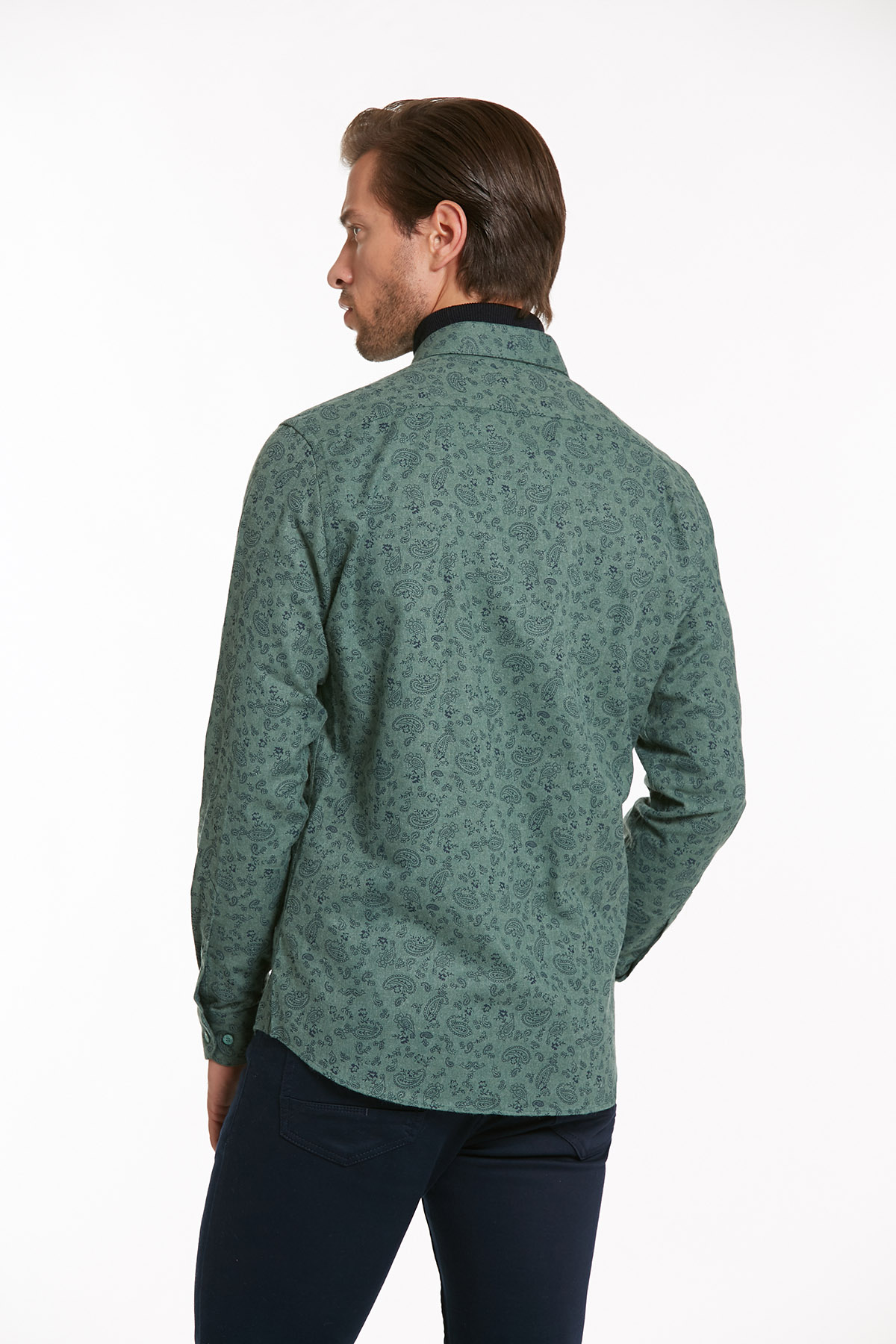 Yeşil Slim Fit Baskılı Pamuklu Uzun Kol Oduncu Gömlek