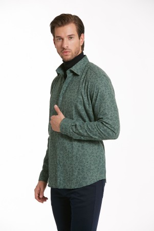 Yeşil Slim Fit Baskılı Pamuklu Uzun Kol Oduncu Gömlek - Thumbnail