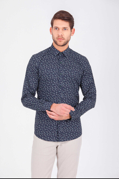 Yeşil Slim Fit Baskılı 100% Pamuk Uzun Kol Spor Gömlek 