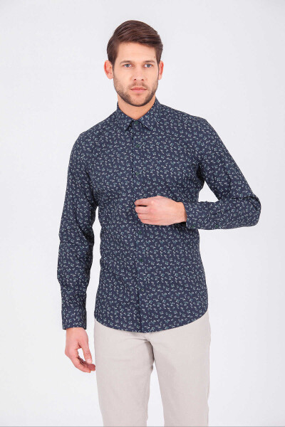 Yeşil Slim Fit Baskılı 100% Pamuk Uzun Kol Spor Gömlek - 3