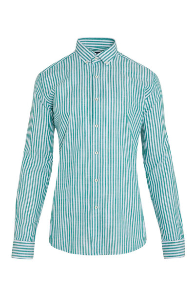 Yeşil Slim Fit Çizgili 100% Pamuk Uzun Kol Gömlek - 1