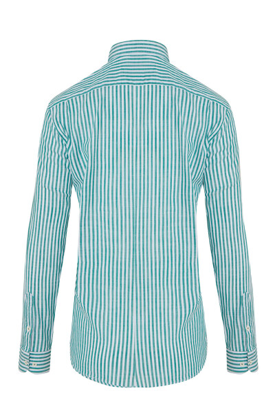 Yeşil Slim Fit Çizgili 100% Pamuk Uzun Kol Gömlek - 2