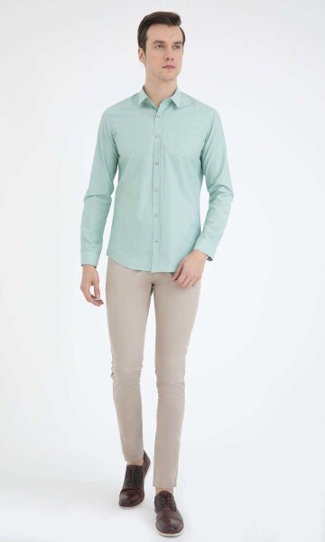 Çizgili Slim Fit Yeşil Gömlek - Thumbnail
