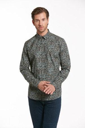 Yeşil Comfort Fit Uzun Kol %100Pamuk Baskılı Casual Gömlek 