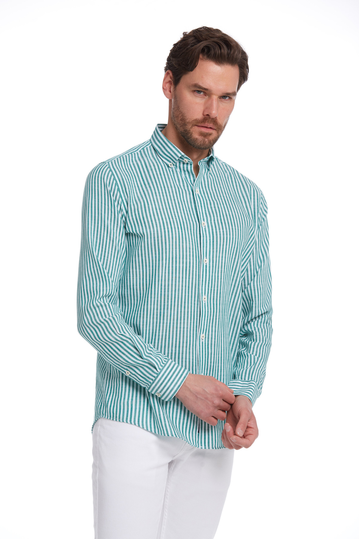 Yeşil Comfort Fit Çizgili 100% Pamuk Düğmeli Yaka Uzun Kollu Casual Gömlek