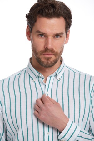 Yeşil Comfort Fit Çizgili 100% Pamuk Düğmeli Yaka Uzun Kollu Casual Gömlek - Thumbnail