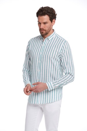 Yeşil Comfort Fit Çizgili 100% Pamuk Düğmeli Yaka Uzun Kollu Casual Gömlek 