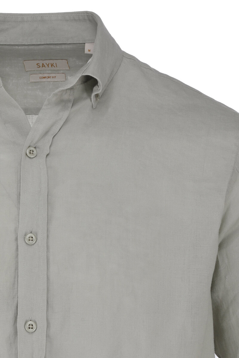 Yeşil Comfort Fit 100% Keten Düğmeli Yaka Uzun Kollu Keten Gömlek - Saykı (1)