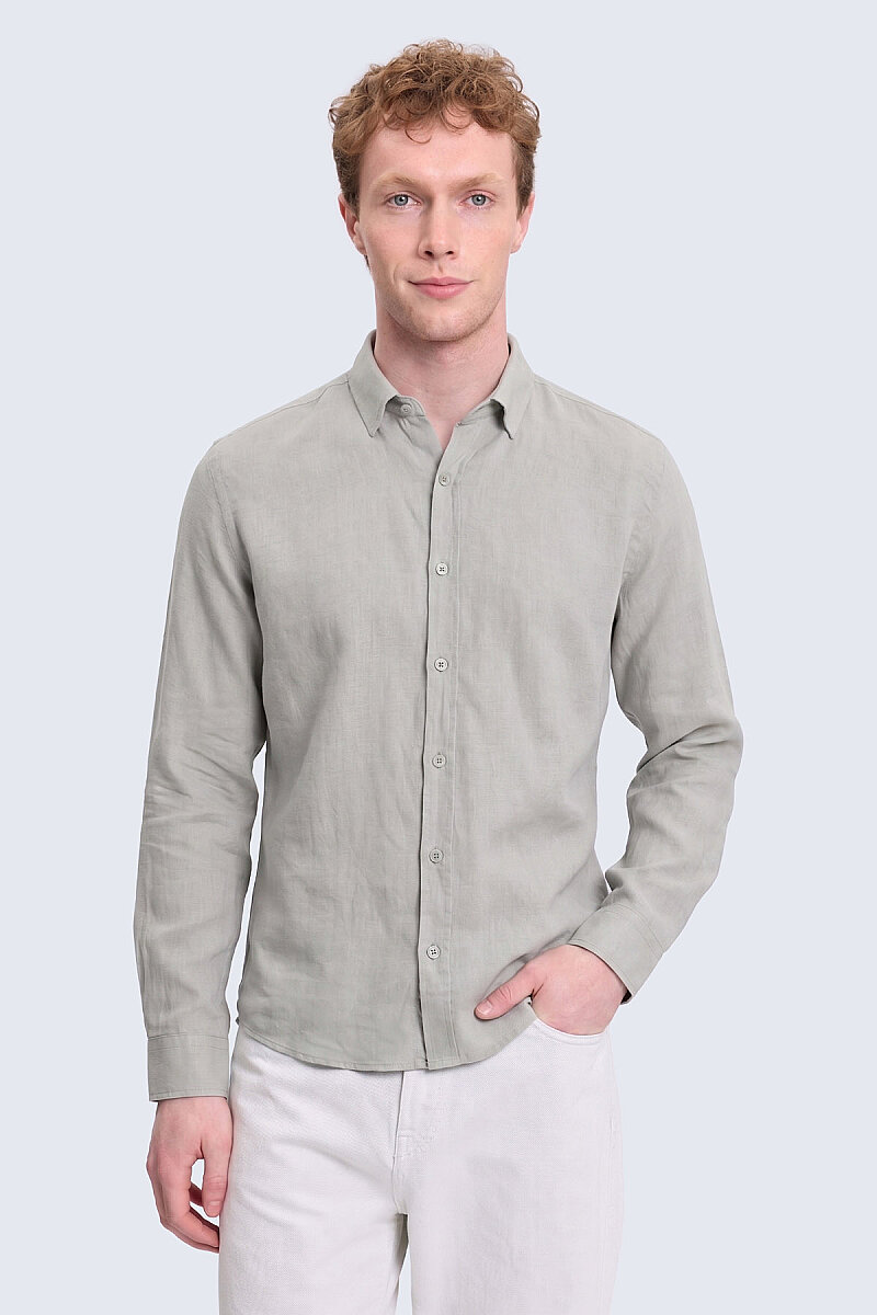 Yeşil Comfort Fit 100% Keten Düğmeli Yaka Uzun Kollu Keten Gömlek