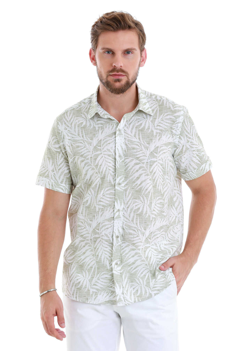 Yeşil Comfort Fit Baskılı 100% Pamuk Slim Yaka Kısa Kollu Gömlek - Hatem Saykı