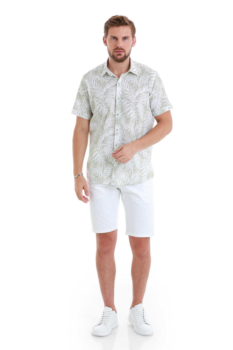 Yeşil Comfort Fit Baskılı 100% Pamuk Slim Yaka Kısa Kollu Gömlek - Hatem Saykı (1)