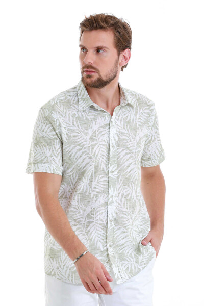 Yeşil Comfort Fit Baskılı 100% Pamuk Slim Yaka Kısa Kollu Gömlek - 3