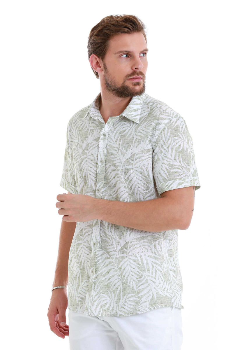 Yeşil Comfort Fit Baskılı 100% Pamuk Slim Yaka Kısa Kollu Gömlek - Hatem Saykı (1)