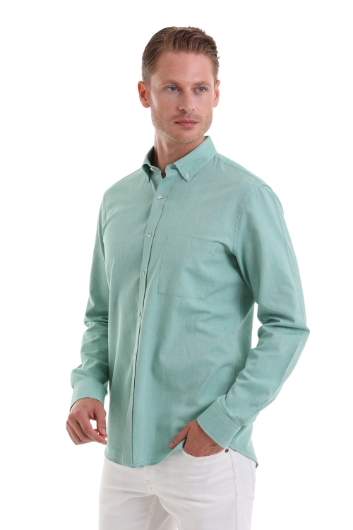 Hatem Saykı - Yeşil Comfort Fit Düz 100% Pamuk Düğmeli Yaka Uzun Kollu Casual Oxford Gömlek