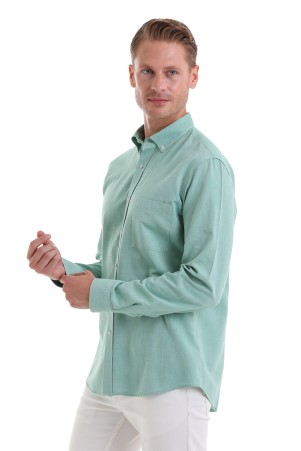 Yeşil Comfort Fit Düz 100% Pamuk Düğmeli Yaka Uzun Kollu Casual Oxford Gömlek - Thumbnail