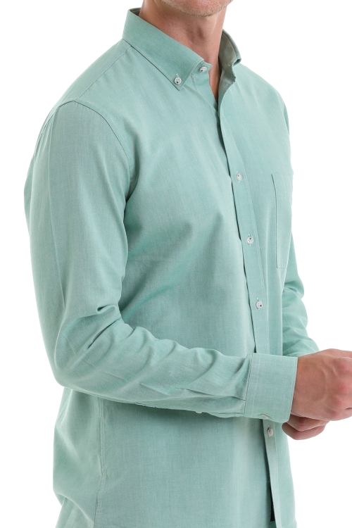 Yeşil Comfort Fit Düz 100% Pamuk Düğmeli Yaka Uzun Kollu Casual Oxford Gömlek - Thumbnail (3)