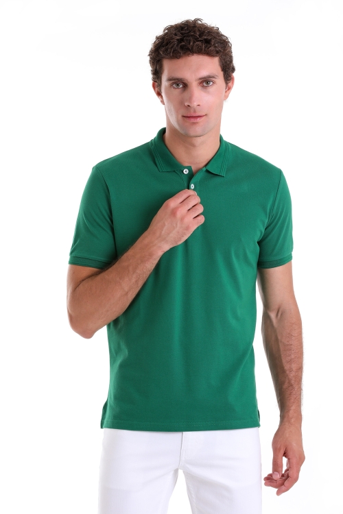 Yeşil Comfort Fit Düz 100% Pamuk Polo Yaka Tişört - Thumbnail (2)