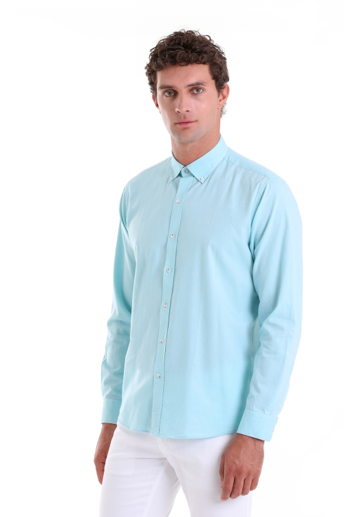 Hatem Saykı - Yeşil Comfort Fit Düz 100% Pamuk Düğmeli Yaka Uzun Kollu Casual Oxford Gömlek