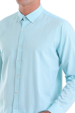 Yeşil Comfort Fit Düz 100% Pamuk Düğmeli Yaka Uzun Kollu Casual Oxford Gömlek - Thumbnail