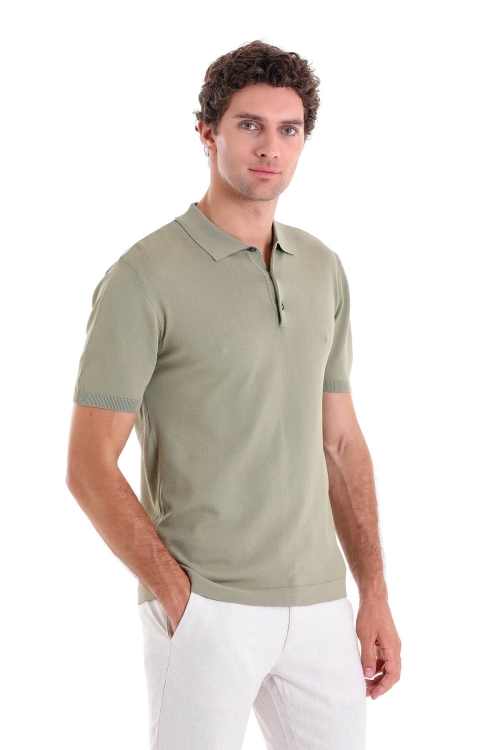 Hatem Saykı - Yeşil Comfort Fit Düz Polo Yaka Rayon Triko Tişört
