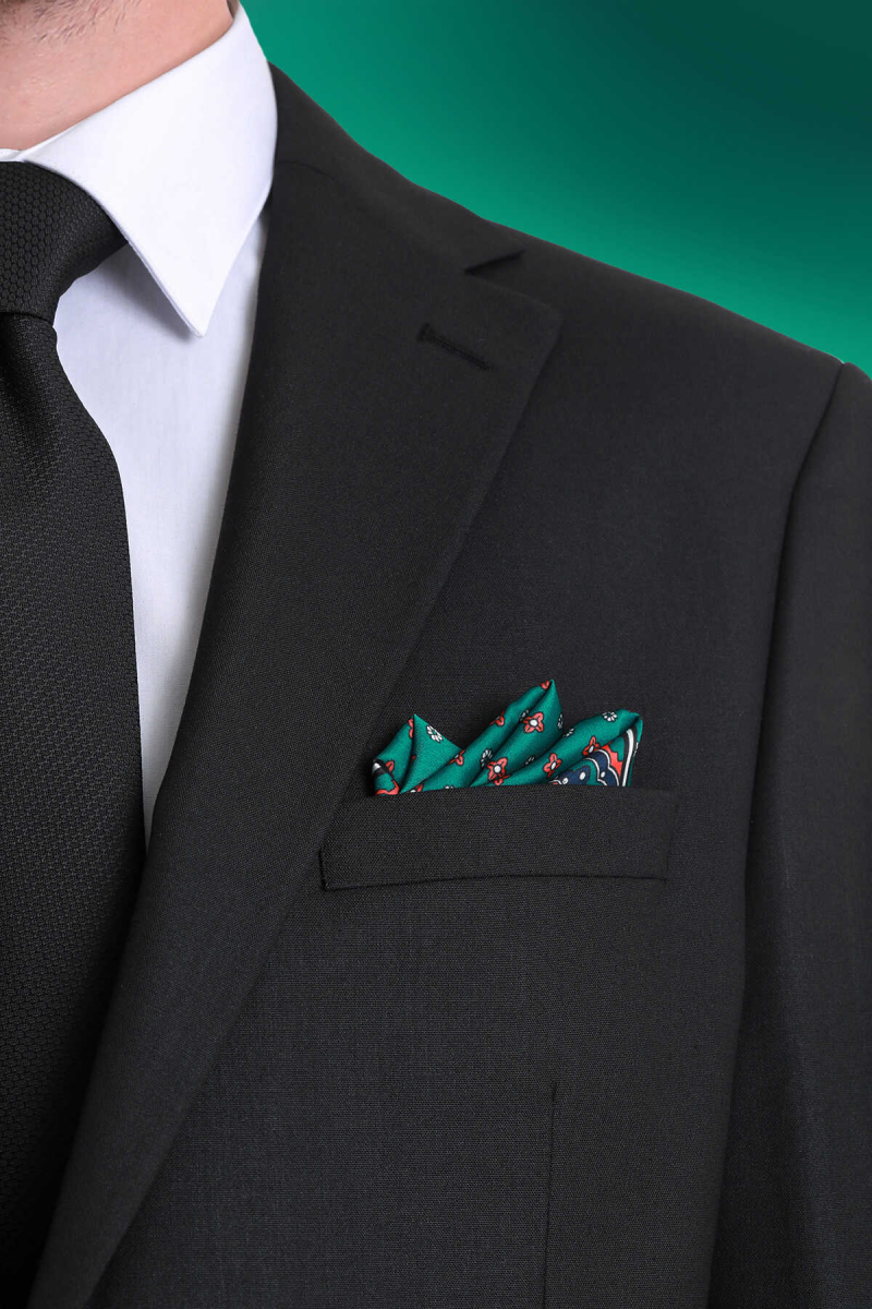 Yeşil Desenli Klasik Saten Cep Mendili - Hatem Saykı