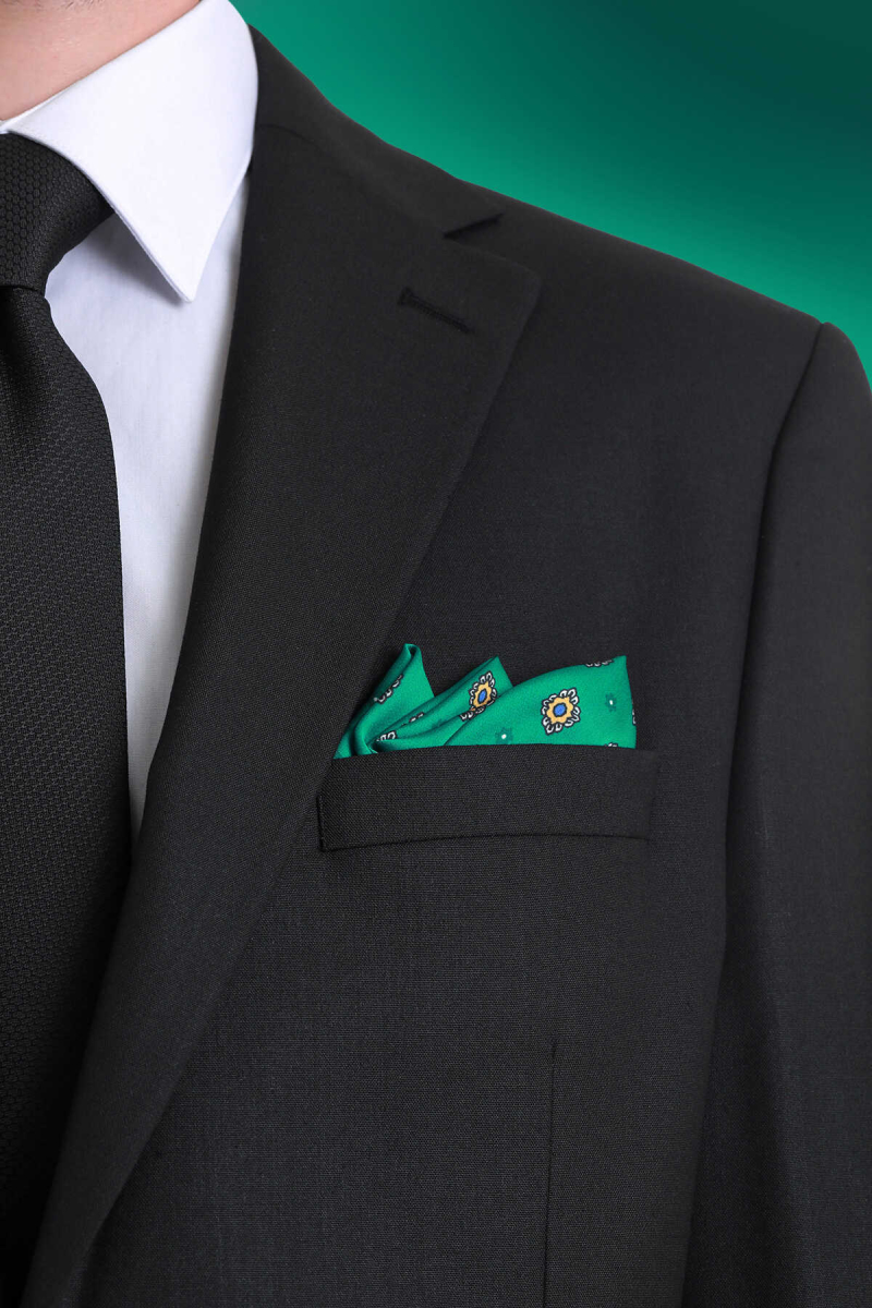 Yeşil Desenli Klasik Saten Cep Mendili - Hatem Saykı