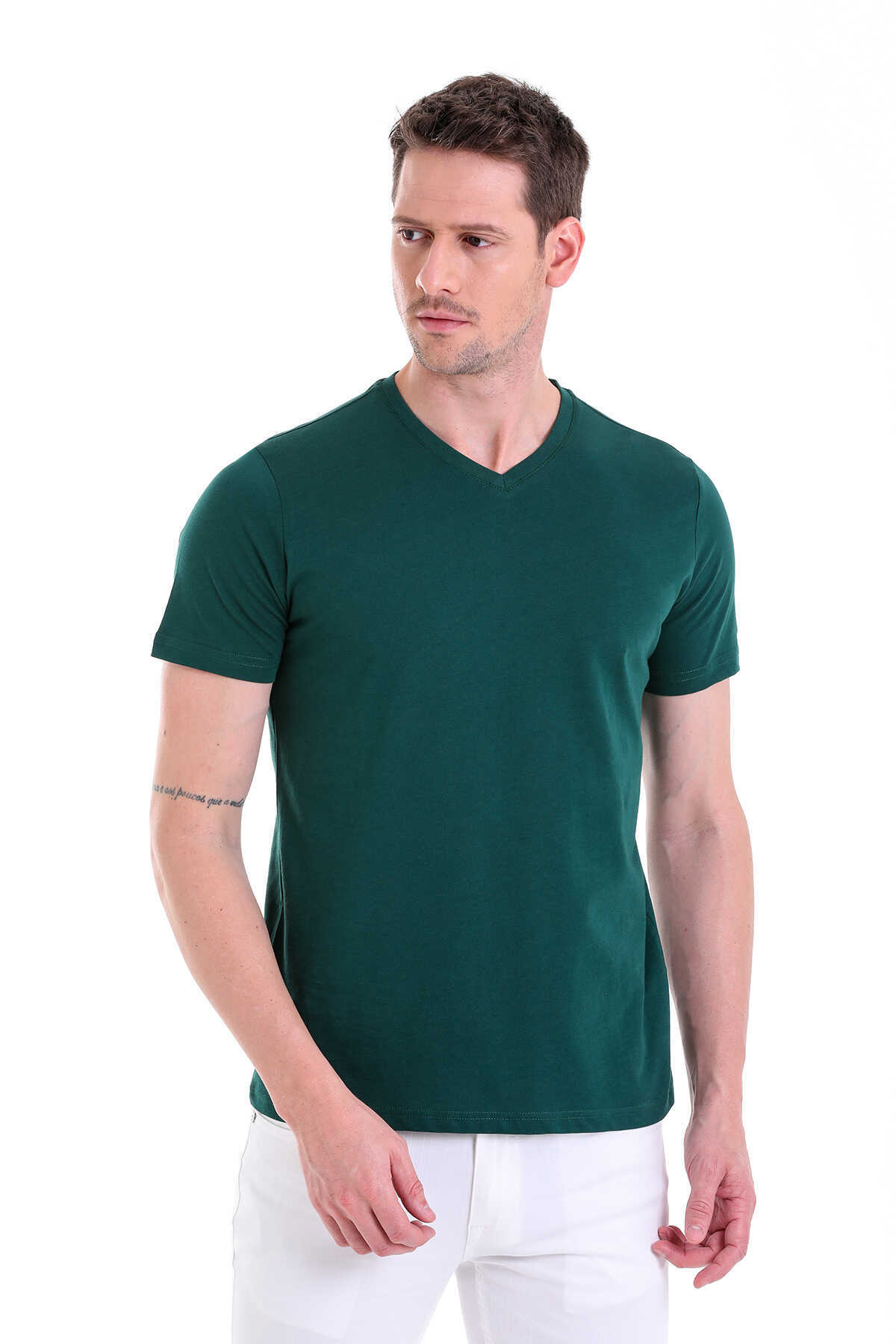 Nefti Regular Fit Düz 100% Pamuklu V Yaka Tişört - 1