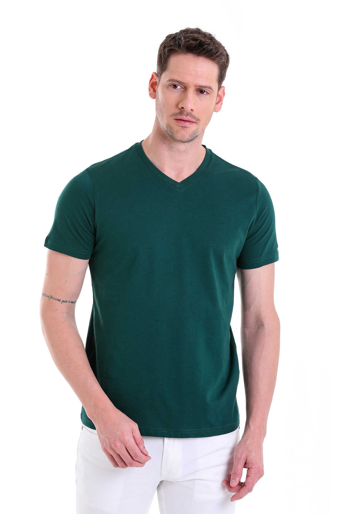 Nefti Regular Fit Düz 100% Pamuklu V Yaka Tişört - 3