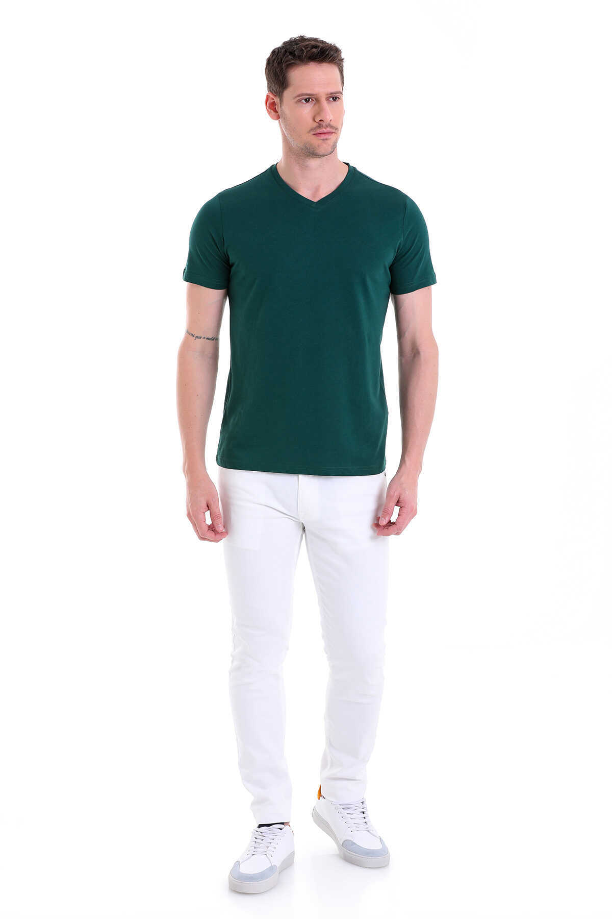 Nefti Regular Fit Düz 100% Pamuklu V Yaka Tişört - 5