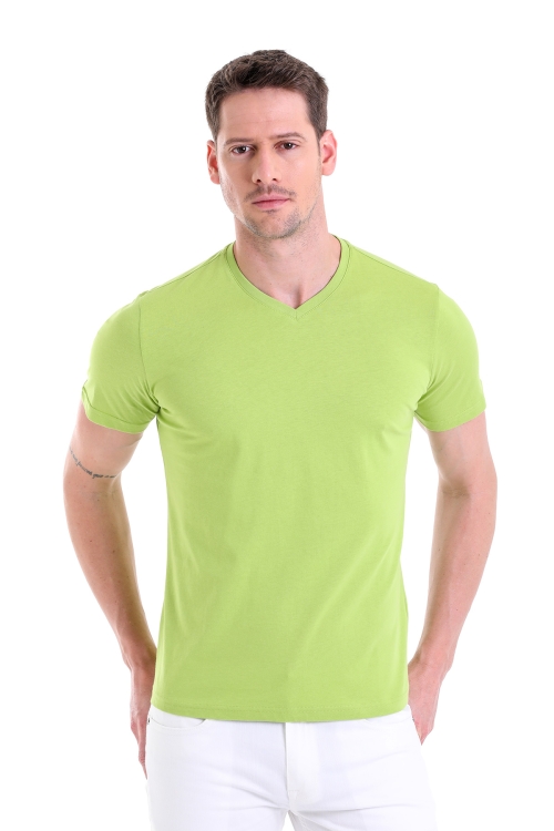 HTML - Yeşil Slim Fit Düz 100% Pamuk V Yaka Tişört