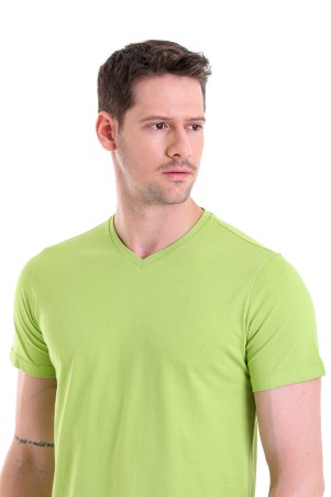 Yeşil Slim Fit Düz 100% Pamuk V Yaka Tişört - Thumbnail