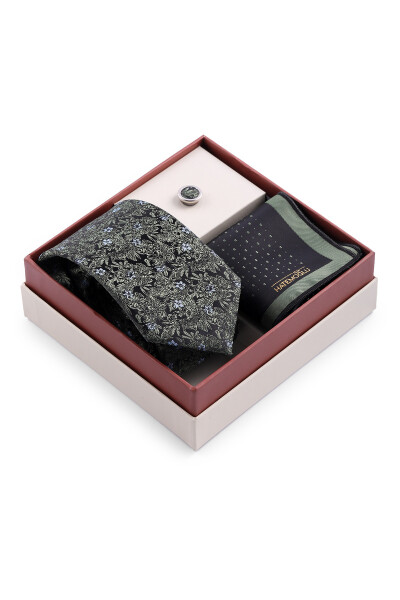 Yeşil Üçlü Yaka Rozeti Kravat Mendil Set - 2