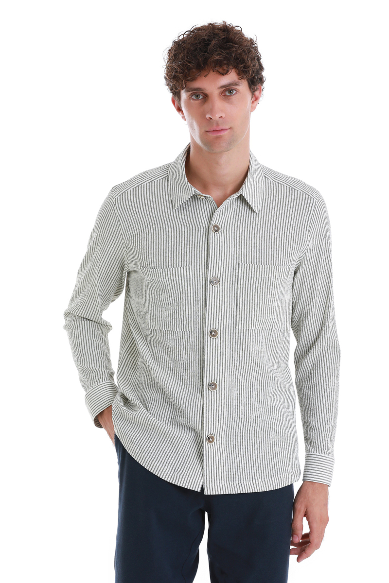 Yeşil Klasik Fit Çizgili Uzun Kollu Overshirt Gömlek - Hatem Saykı