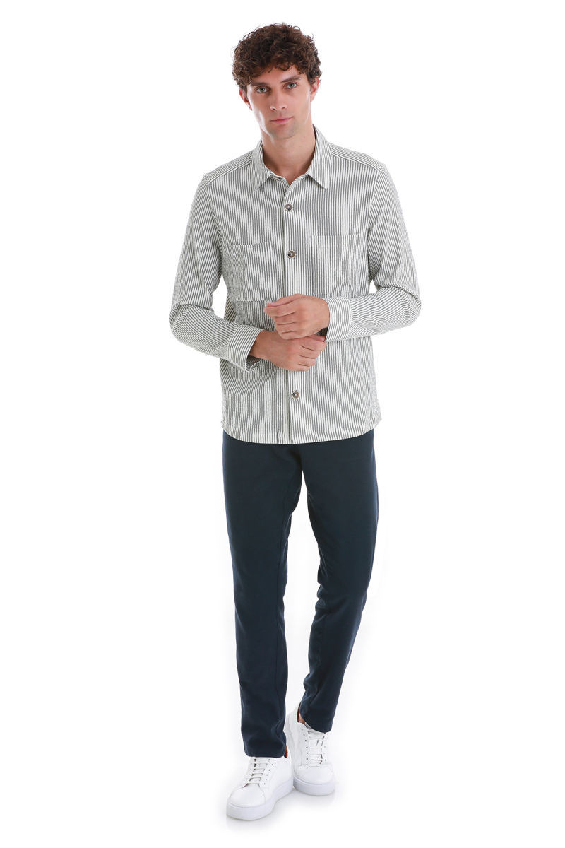 Yeşil Klasik Fit Çizgili Uzun Kollu Overshirt Gömlek - Hatem Saykı (1)