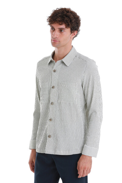 Yeşil Klasik Fit Çizgili Uzun Kollu Overshirt Gömlek - 4