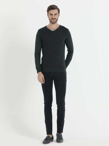 Yesil - Lacivert V Yaka Triko - 2