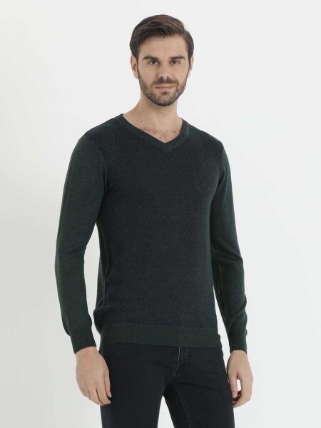 Yesil - Lacivert V Yaka Triko - 1