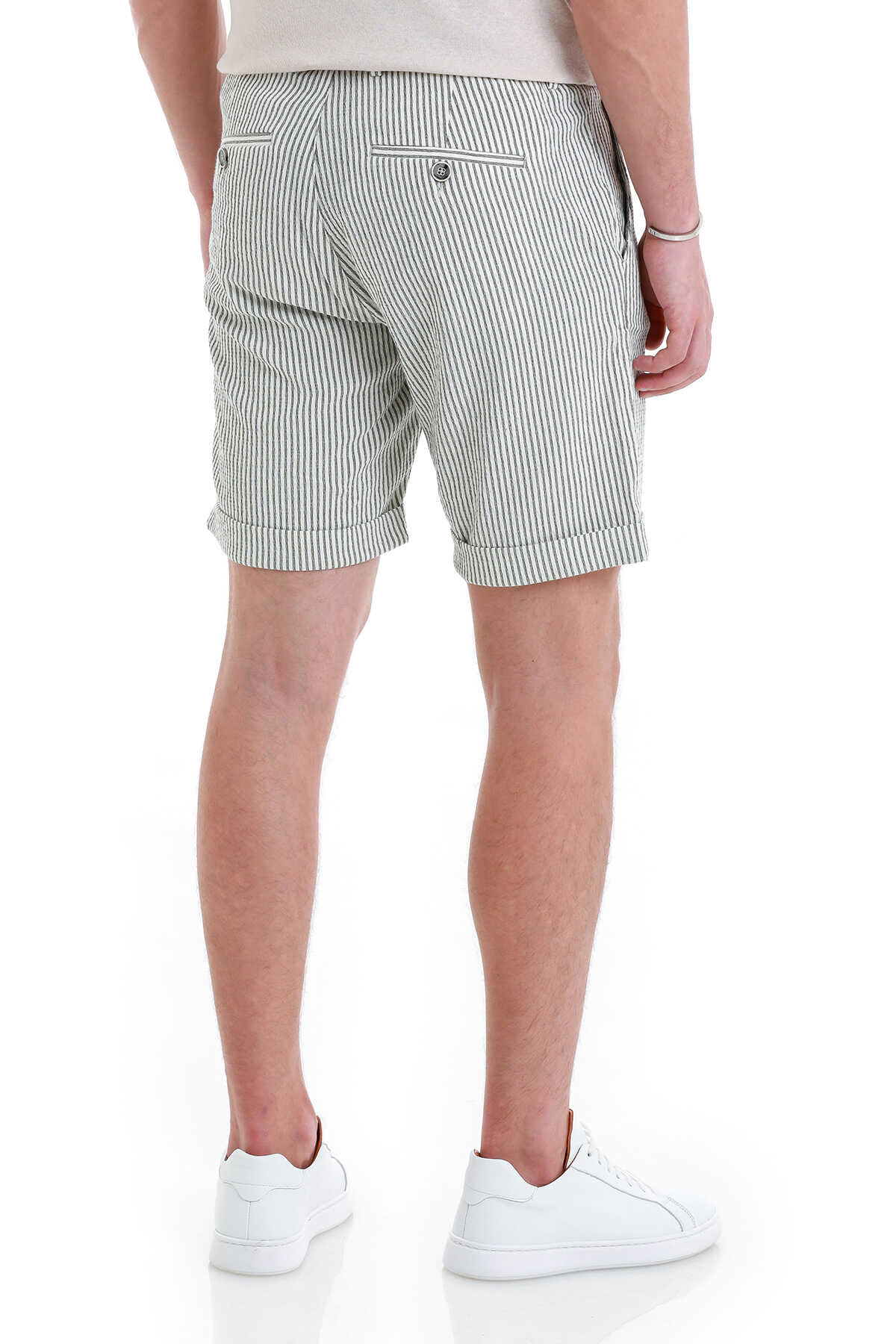 Yeşil Regular Fit Çizgili Yandan Cepli Şort - 6