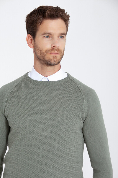 Yeşil Regular Fit Desenli Bisiklet Yaka Pamuklu Triko Kazak - 17