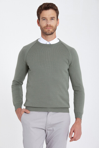 Yeşil Regular Fit Desenli Bisiklet Yaka Pamuklu Triko Kazak - 2