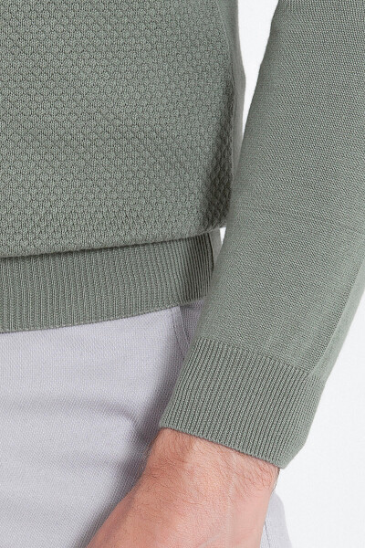 Yeşil Regular Fit Desenli Bisiklet Yaka Pamuklu Triko Kazak - 11