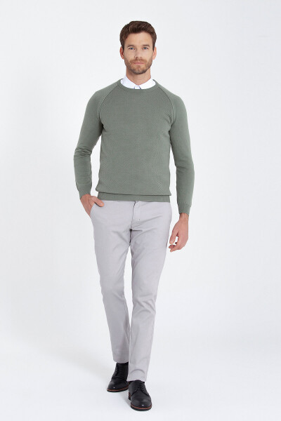 Yeşil Regular Fit Desenli Bisiklet Yaka Pamuklu Triko Kazak - 15