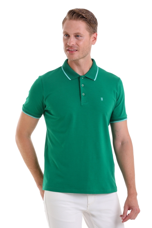 HTML - Yeşil Regular Fit Düz 100% Pamuk Polo Yaka Tişört