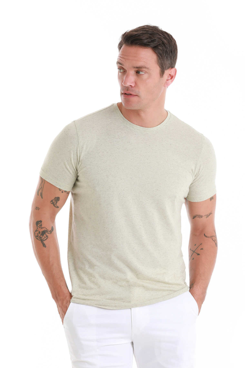 Yeşil Regular Fit Bisiklet Yaka Keten Tişört - Hatem Saykı (1)