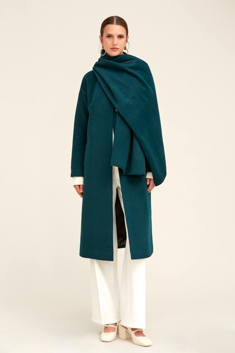 Yeşil Regular Fit Hakim Yaka Kaşe Oversize Manto